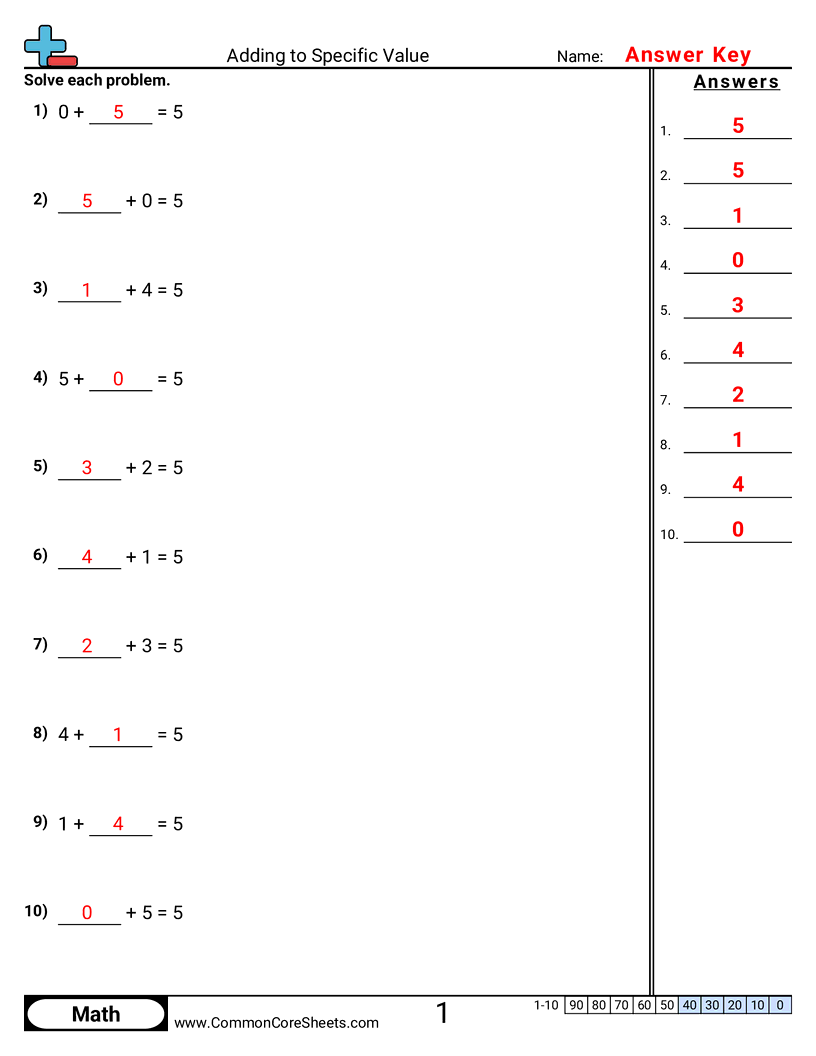 Addition Worksheets - adding-to-a-specic-value worksheet