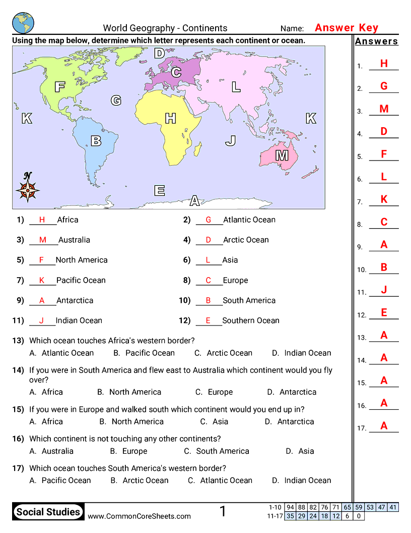 Geography Worksheets - Continents and Oceans worksheet