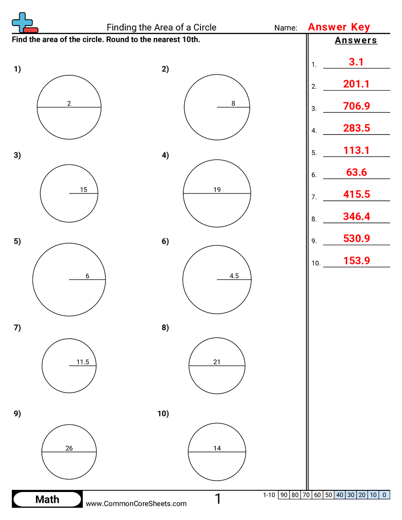 Area & Perimeter Worksheets - area-of-circle worksheet