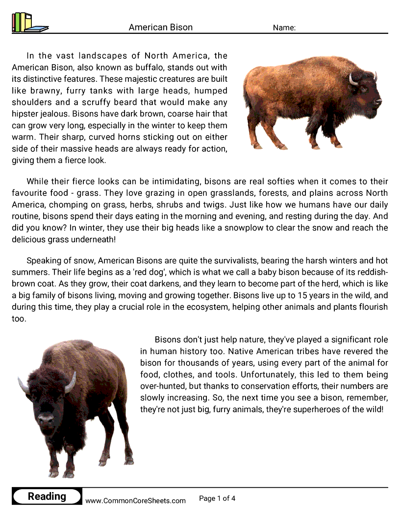 Reading Comprehension Mammals - american-bison worksheet