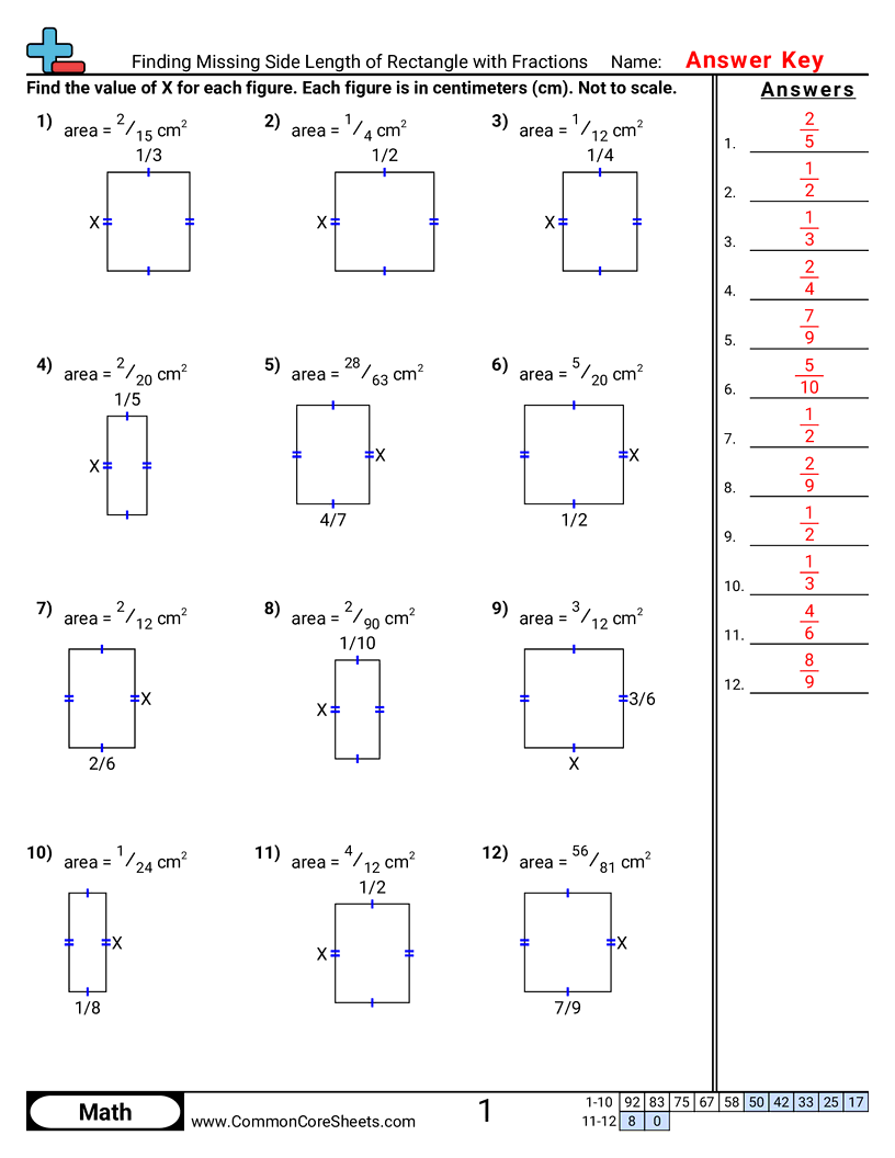 Area & Perimeter Worksheets - finding-missing-side-length-of-rectangle-with-fractions worksheet