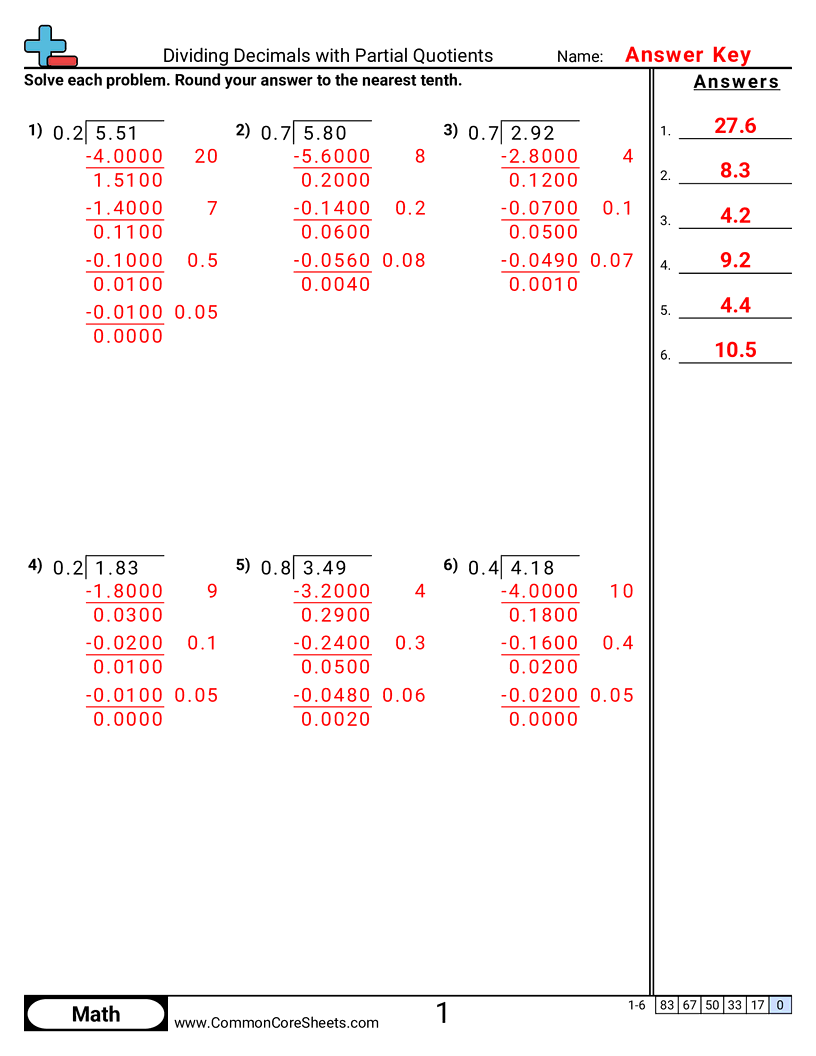 Decimal Worksheets - dividing-decimals-with-partial-quotients worksheet