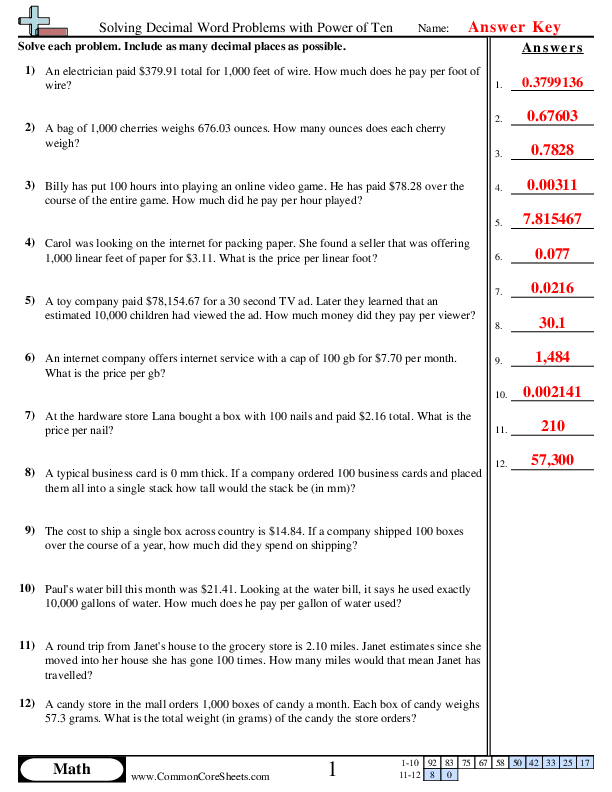  - solving-decimal-word-problems-with-power-of-ten worksheet