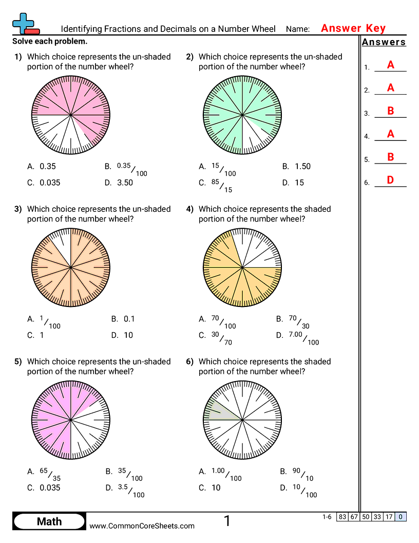 Fraction Worksheets - identifying-fractions-and-decimals-on-a-number-wheel worksheet