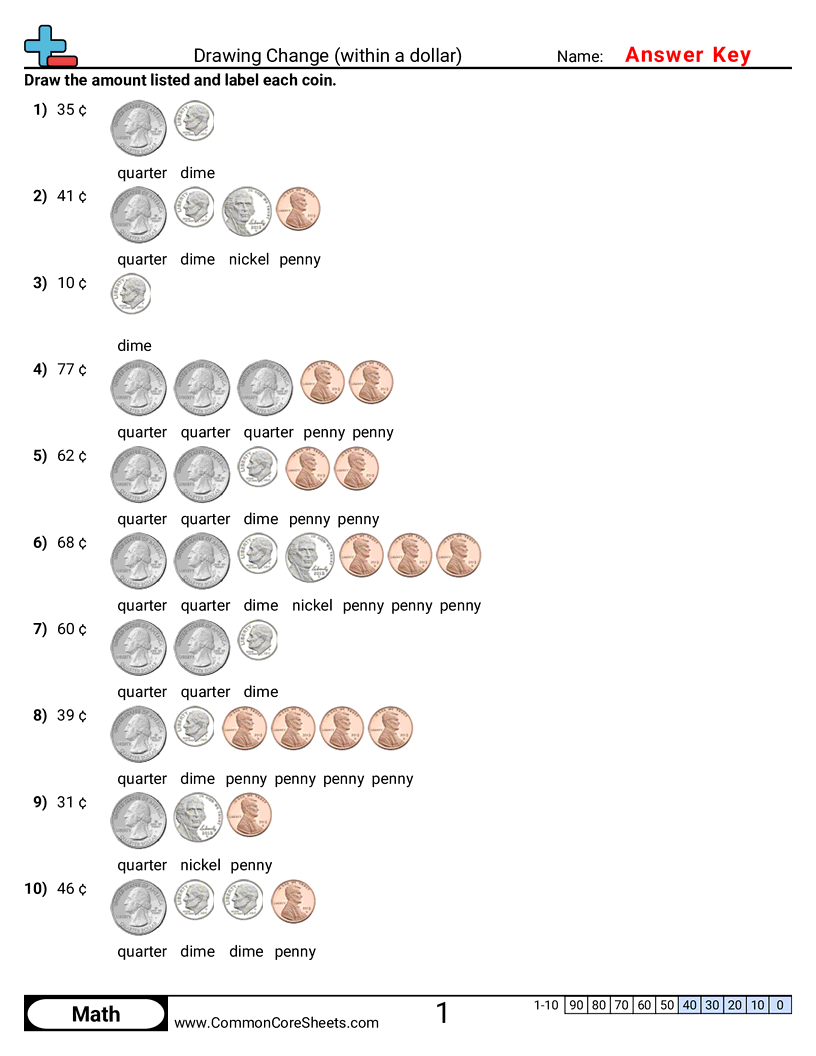 Money Worksheets - drawing-change-within-a-dollar worksheet