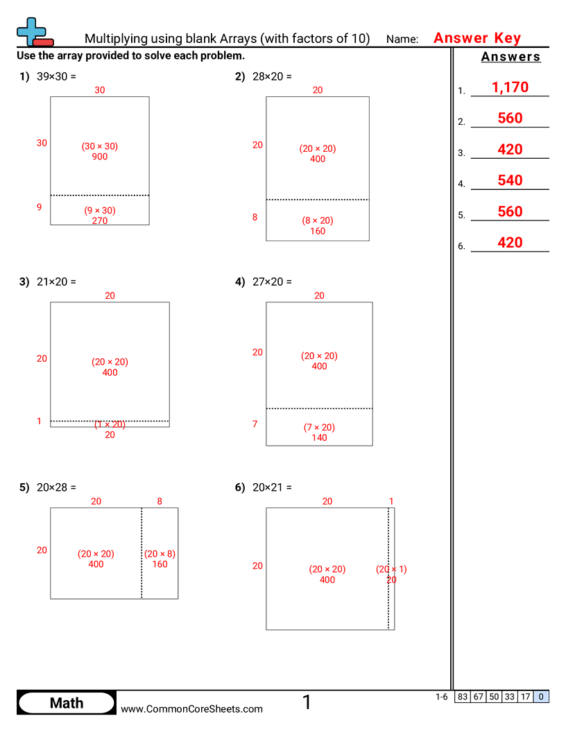 Multiplication Worksheets - multiplying-using-arrays-with-factors-of-10 worksheet