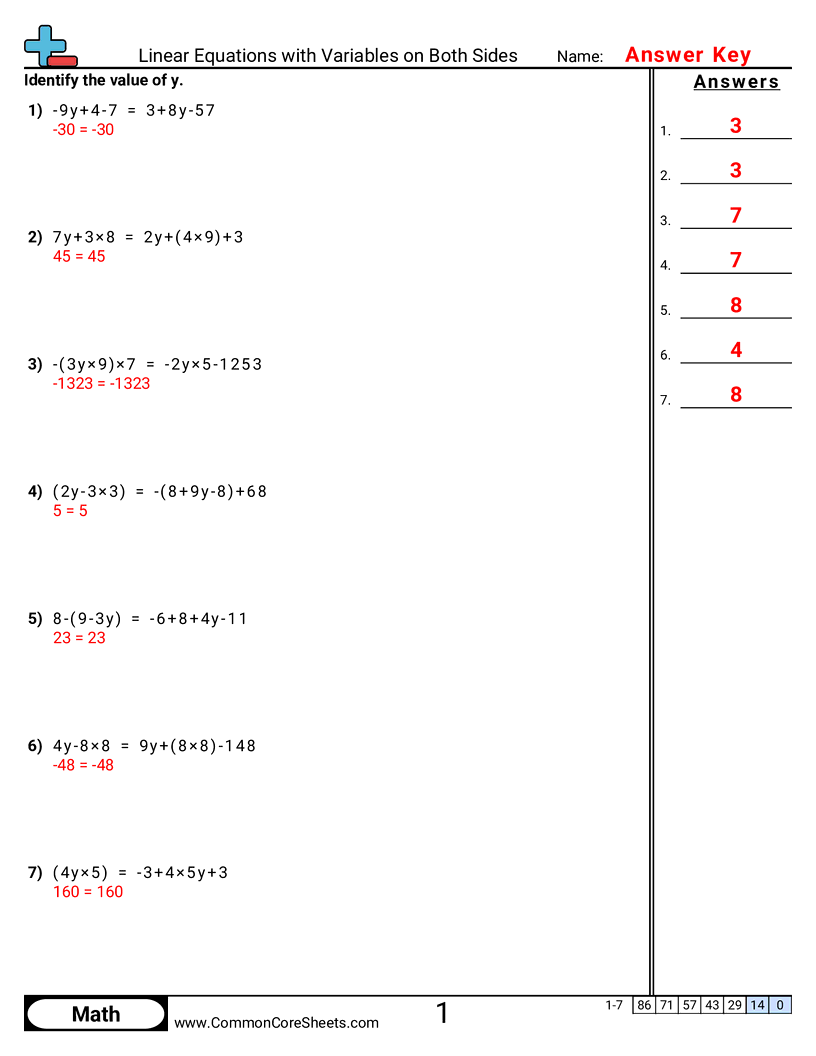Algebra Worksheets - linear-equations-with-variables-on-both-sides worksheet