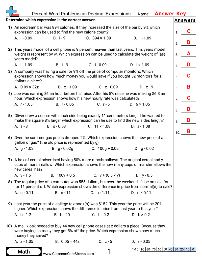 Algebra Worksheets - percent-word-problems-as-decimal-expressions worksheet