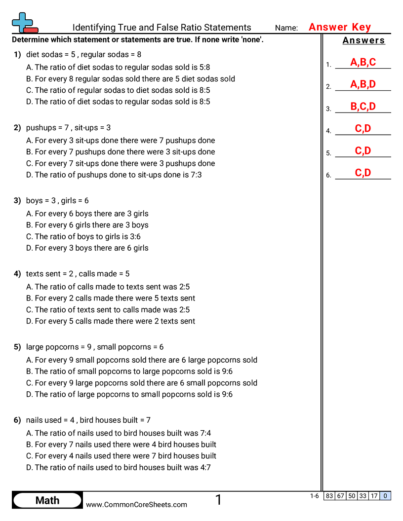 6rp1 Worksheets - identifying-true-and-false-ratio-statements worksheet
