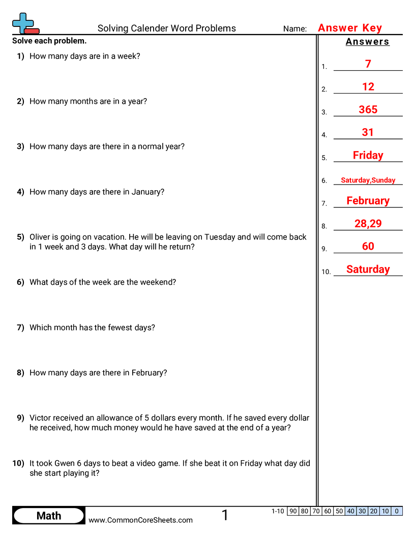 Time Worksheets - solving-calender-word-problems worksheet
